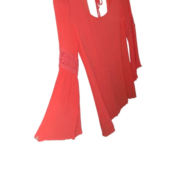 Double Zero coral embroidered lace bell sleeve Boho western linen shift dress - Picture 2 of 7